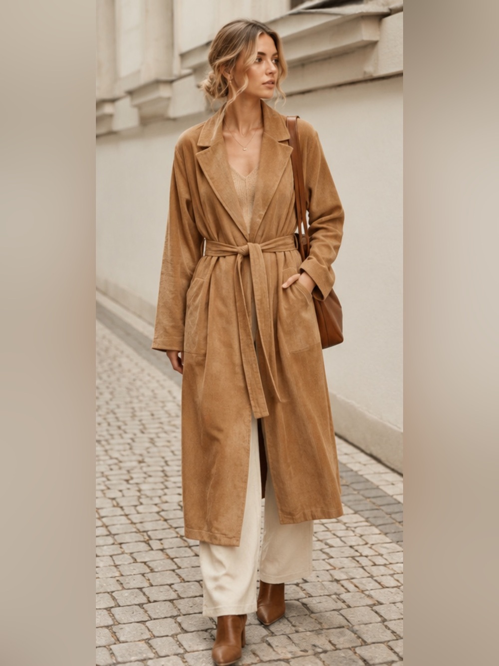 LOWRYS FARM Medium Caramel Fine Corduroy Belted Duster Coat L / XL